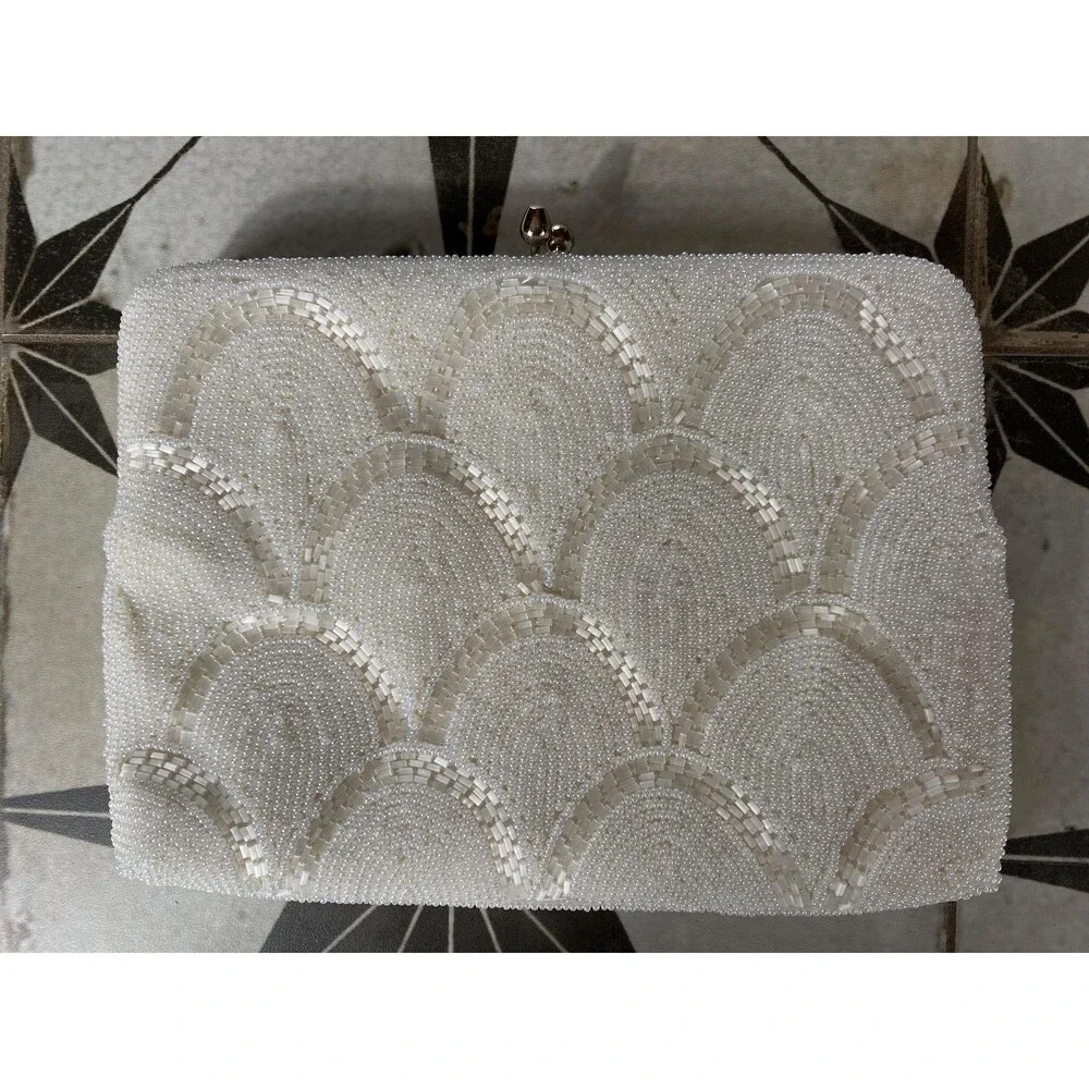 Vintage 1950s Beaded Pearl Purse, Made in Japan, Bridal Handbag